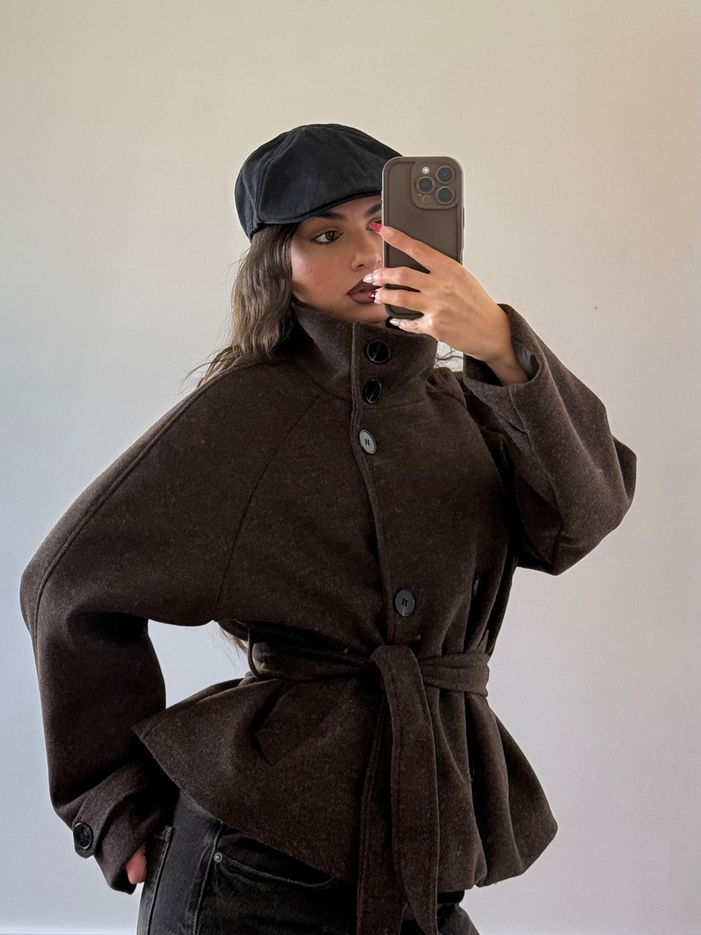 FUNNEL-NECK CROP COAT JACKET BROWN