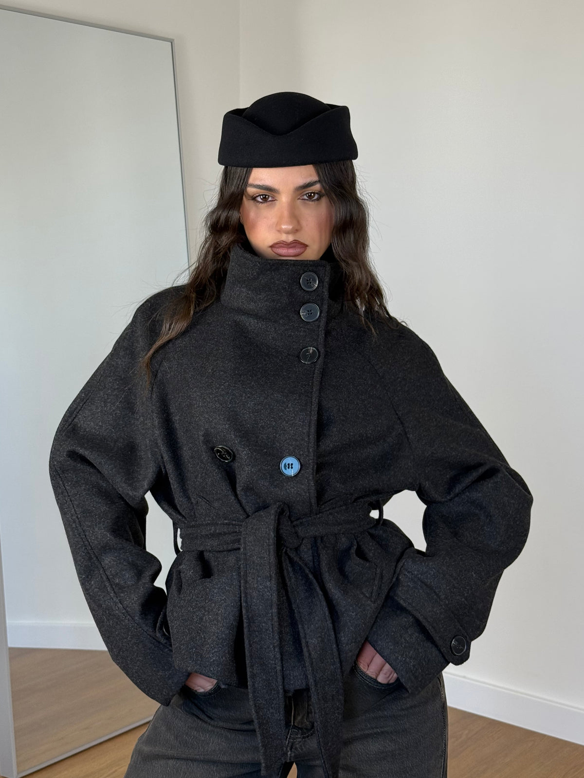 FUNNEL-NECK CROP COAT JACKET BLACK
