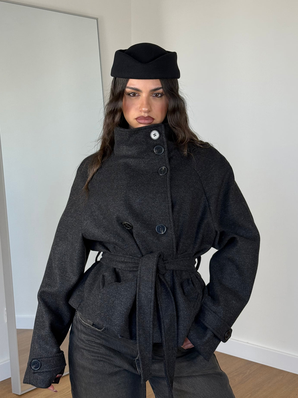 FUNNEL-NECK CROP COAT JACKET BLACK