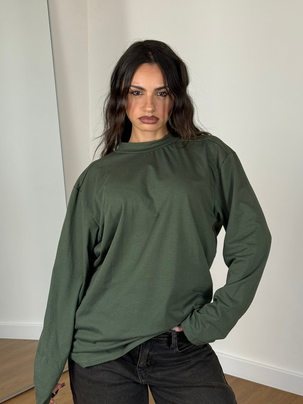 BASIC LONGSLEEVE MOCK-NECK SHIRT GREEN