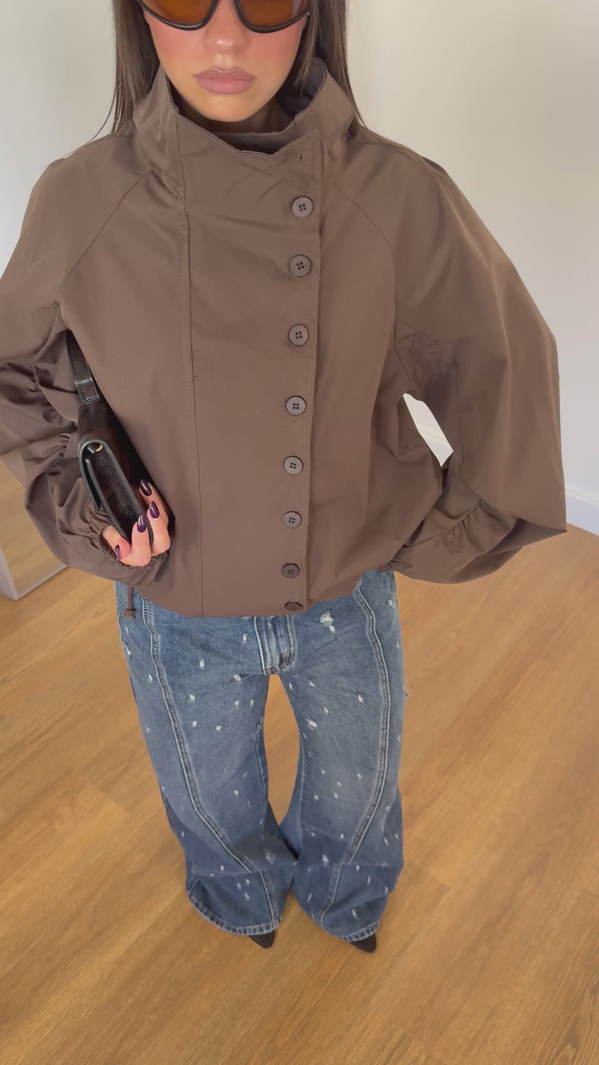 FUNNEL-NECK TRENCH JACKET BROWN